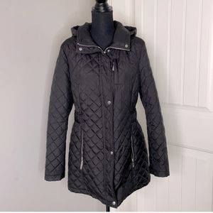 Calvin Klein Black Quilted Winter Coat/Parka - Zip Up, Button Up w/ Hood…